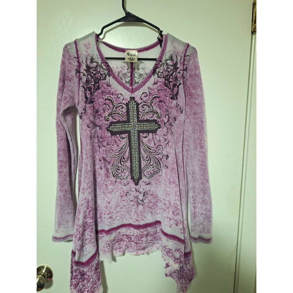 Vocal Womens M Purple Rhinestone Cross Graphic Thermal Top Y2K Grunge Asymmetric